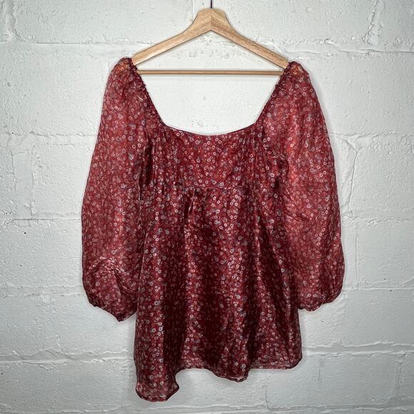 Altar'd State Women's Balloon Sheer Sleeves Floral Janey Dress Burgundy Medium - Picture 2 of 9